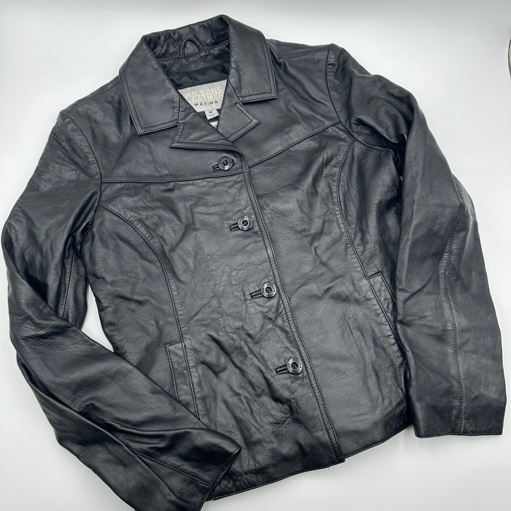 Wilsons Leather Maxima Black Leather Jacket Womens Medium Button Up Thinsulate